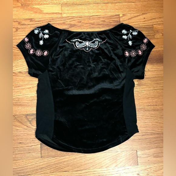 Free People “Party Train” Embroidered Velvet-Contrast Black Top, Size M - Picture 4 of 8